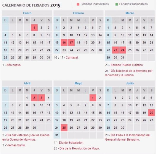 Calendario de feriados 2015 de la Argentina